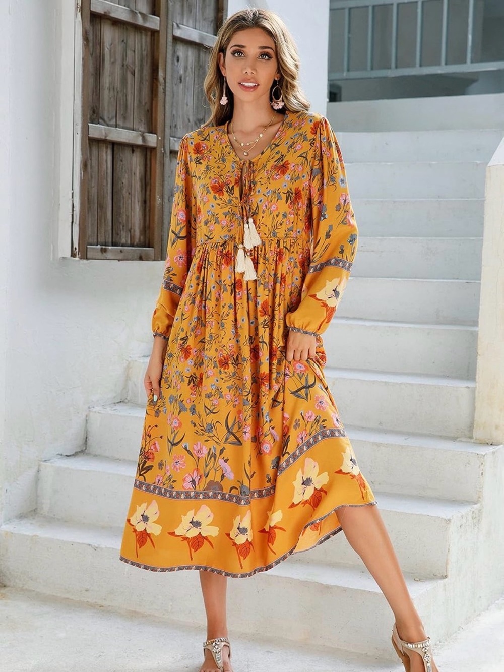 Goldenrod Floral Print Retro V-Neck Tassel Bohemian Midi Dress